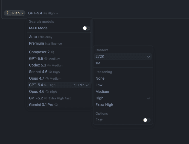 Cursor model menu showing reasoning effort options: None, Low, Medium, High, and Extra High.