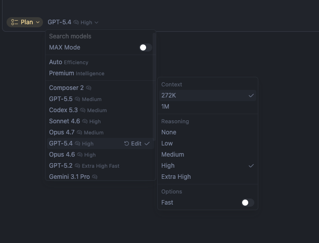 Cursor model menu showing reasoning effort options